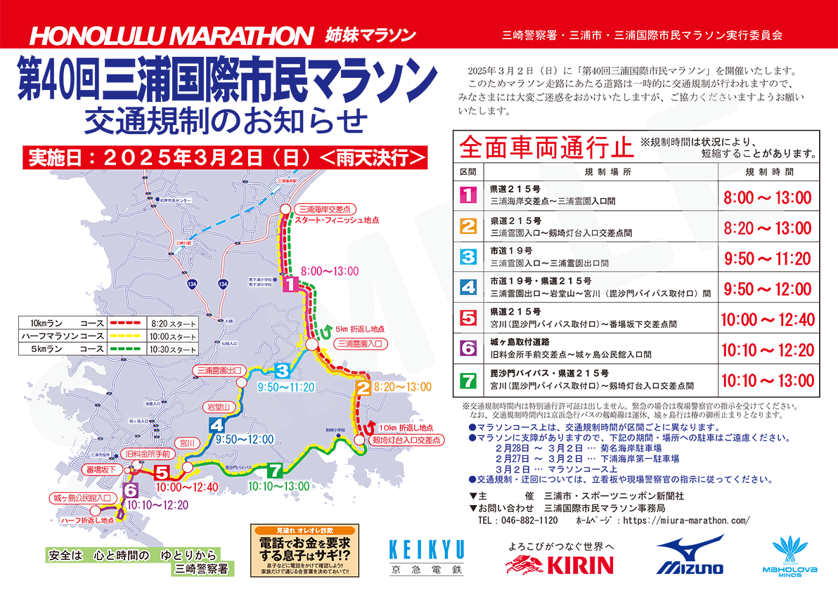 三浦国際市民マラソン 交通規制のお知らせ